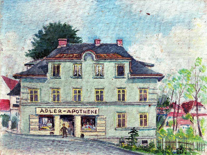 Stammhaus der Familie und des Roßbacher Balsams: Die Adler-Apotheke in Roßbach (Sudetenland)